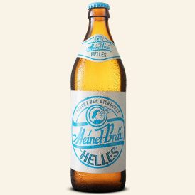 Eine Euro-Bierflasche 500 ml mit einem Weiß-blauen Etikett.