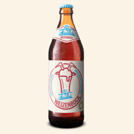 Eine Euro-Bierflasche 500 ml mit hellem Etikett mit einer roten Illustration von einem Weizenglas mit Hörnern.