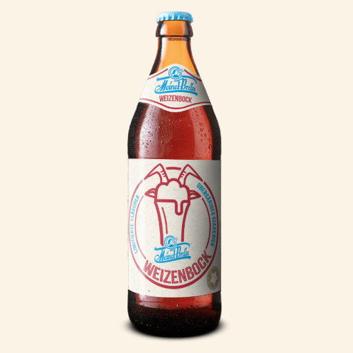 Eine Euro-Bierflasche 500 ml mit hellem Etikett mit einer roten Illustration von einem Weizenglas mit Hörnern.