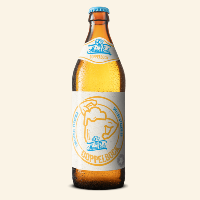 Eine Euro-Bierflasche 500 ml mit hellem Etikett mit einer gelben Illustration von einem Bierkrug mit muskulösen Armen.