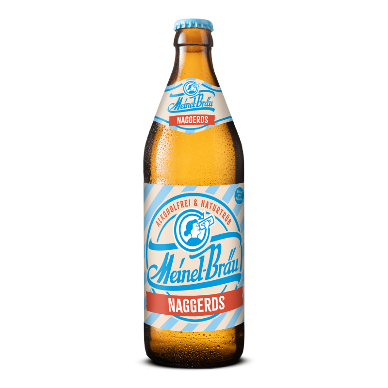 Eine Euro-Bierflasche 500 ml mit einem Etikett mit diagonalen hellblauen Streifen.