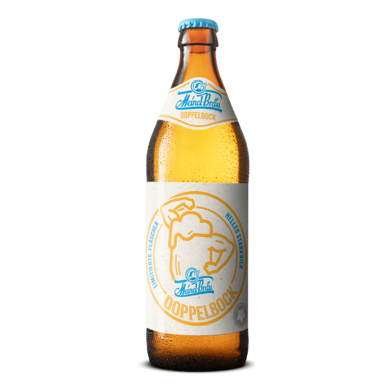 Eine Euro-Bierflasche 500 ml mit hellem Etikett mit einer gelben Illustration von einem Bierkrug mit muskulösen Armen.