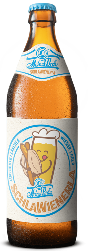 Eine Euro-Bierflasche 500 ml mit hellem Etikett mit einer Illustration von einem Comic-Bierglas, dass ein paar Wiener im Brötchen umarmt.